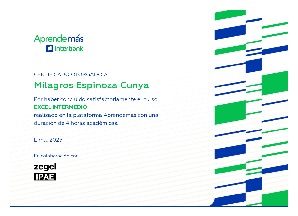 Certificado del curso Excel Intermedio