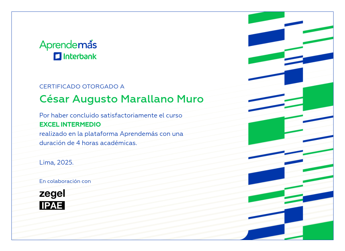 Certificado del curso Excel Intermedio