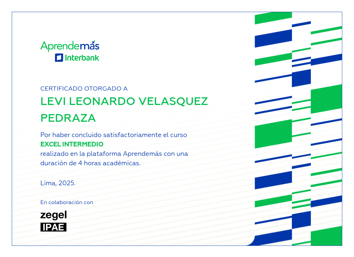 Certificado del curso Excel Intermedio